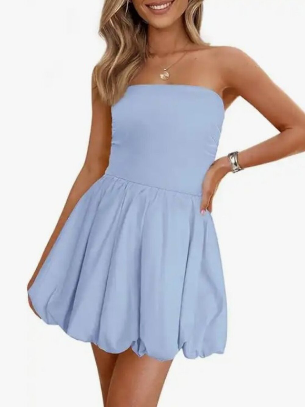 Blue strapless bubble mini dress